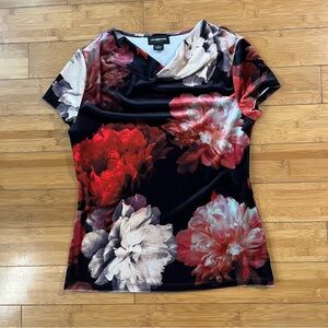 Liz Claiborne Velvet Cowl Neck Black and Red Vibrant Floral Whimsigoth Blouse